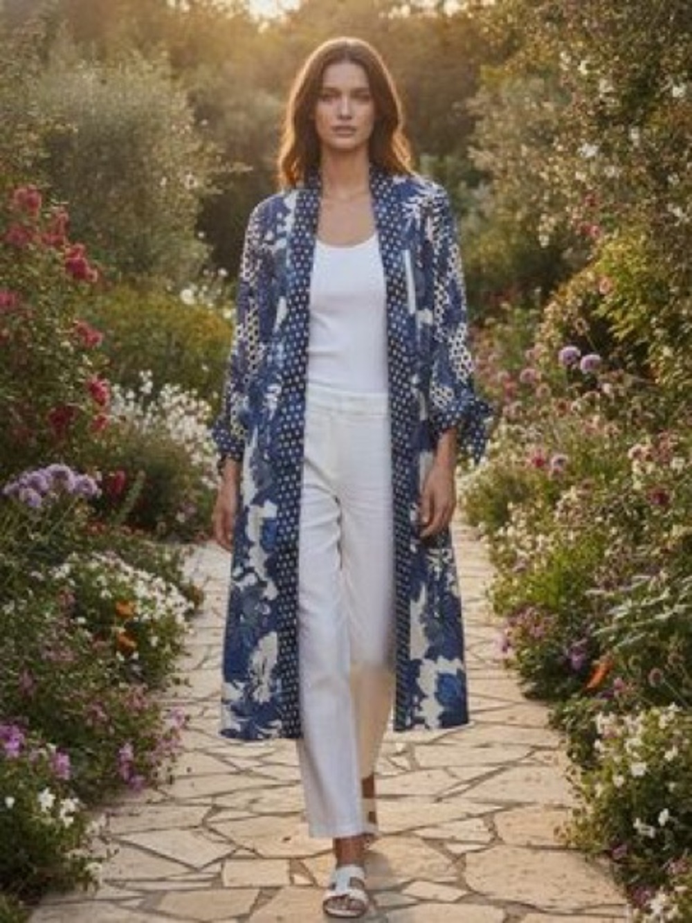 Chico’s Reversible Blue Printed Duster Coat - Picture 4 of 9